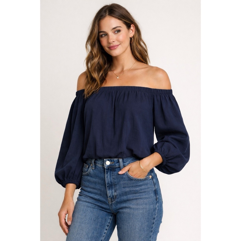 Madewell Navy Off Shoulder Blouse‎ Women's 0 Balloon Sleeve Elastic Neckline Top